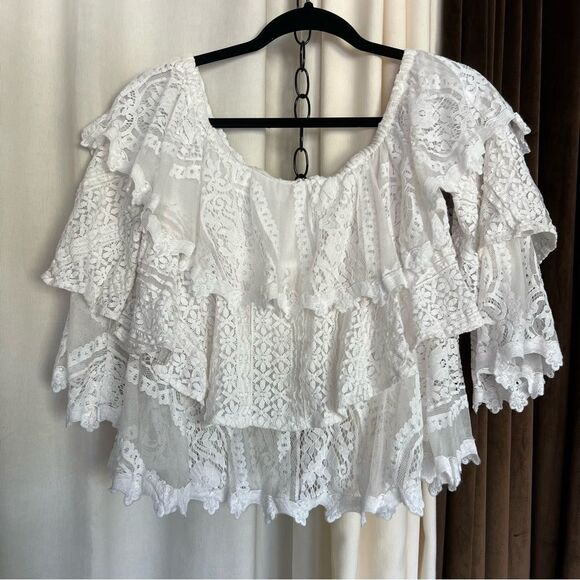 Champagne & Strawberry White Lace Ruffle Off the Shoulder boho Top Small - Picture 1 of 6